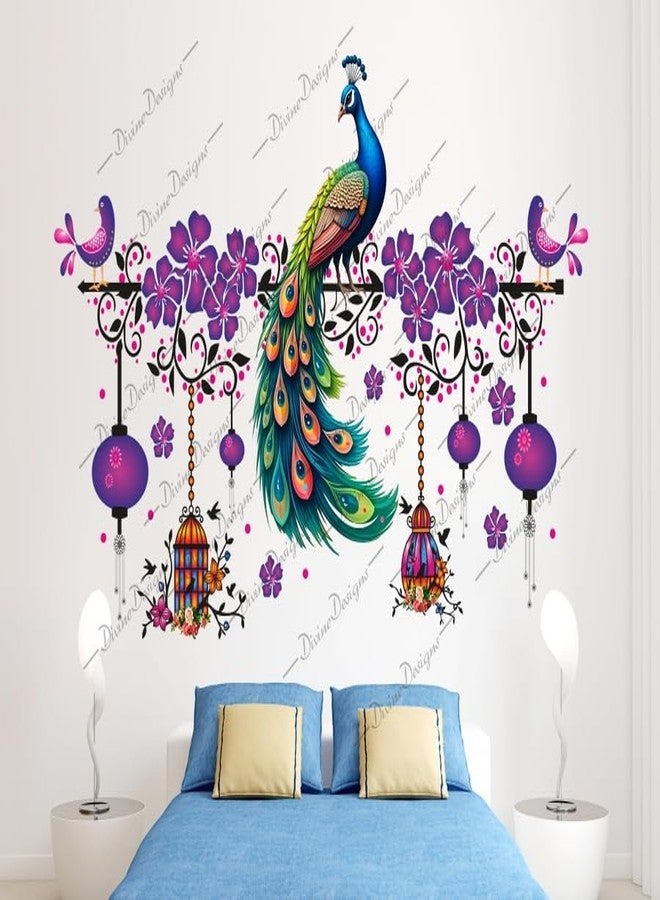 DivineDesigns ملصق حائط ذاتي اللصق من الفينيل PVC بتصميم أقفاص زهور بنفسجية على شكل طاووس من DivineDesigns لتزيين المنزل/غرفة المعيشة (متعدد الألوان) - Image 1